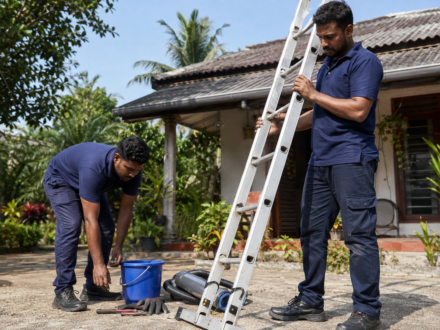 Two technicians preparing gutter cleaning equipment