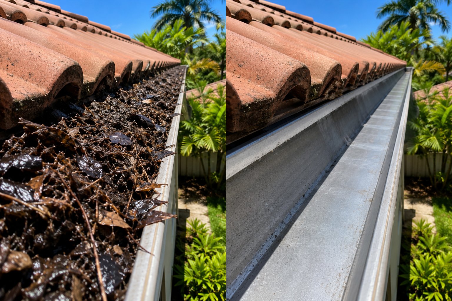Blocked gutter compared to cleaned gutter