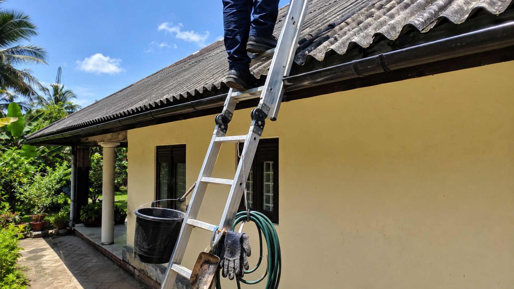 Gutter cleaning tools and equipment in use on a ladder