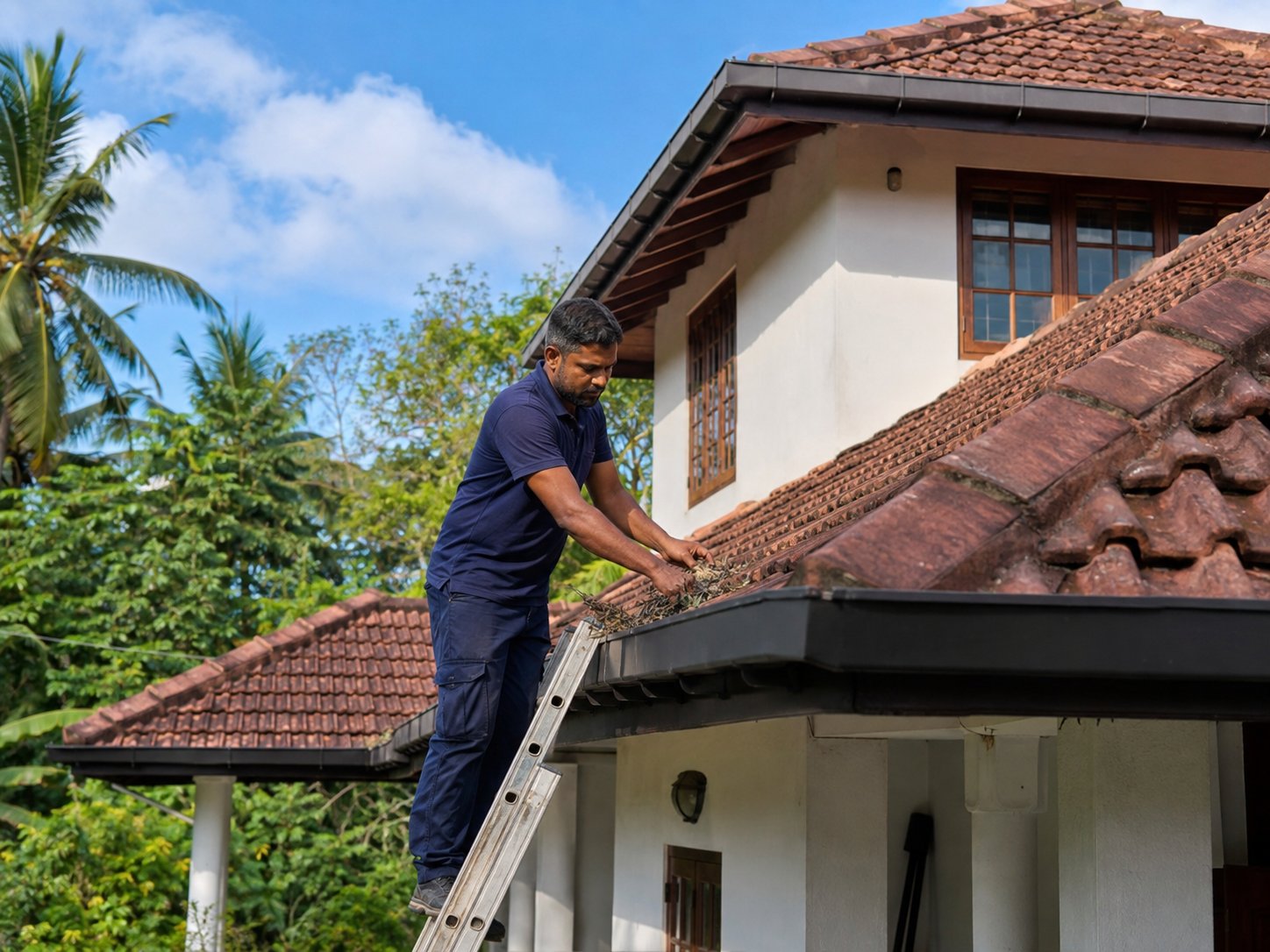 Clearflow Lanka technician at work on a residential roof