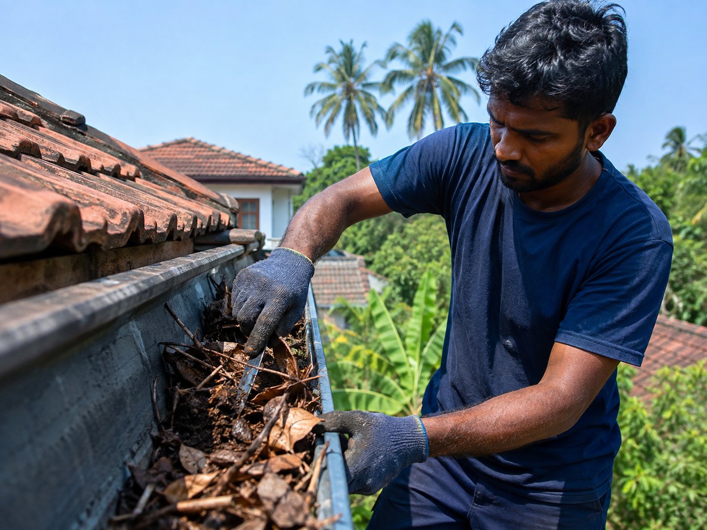 Technician cleaning a roof gutter on a Sri Lankan house