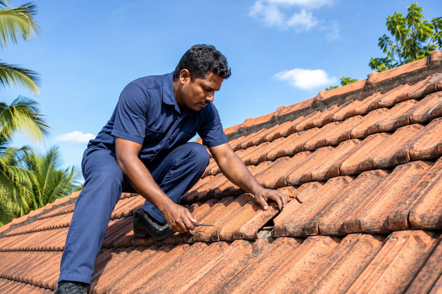 Technician inspecting roof tiles and flashing for leak source