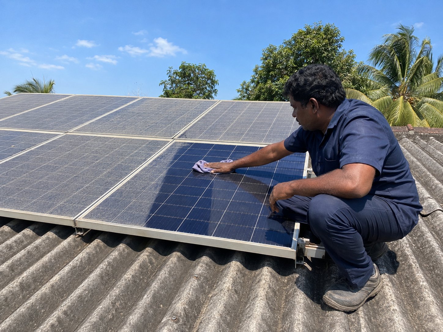 Technician cleaning a rooftop solar panel array