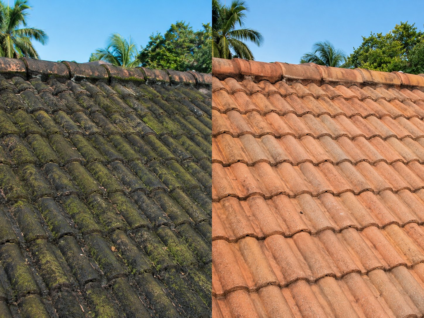Moss-covered roof section next to a cleaned roof section