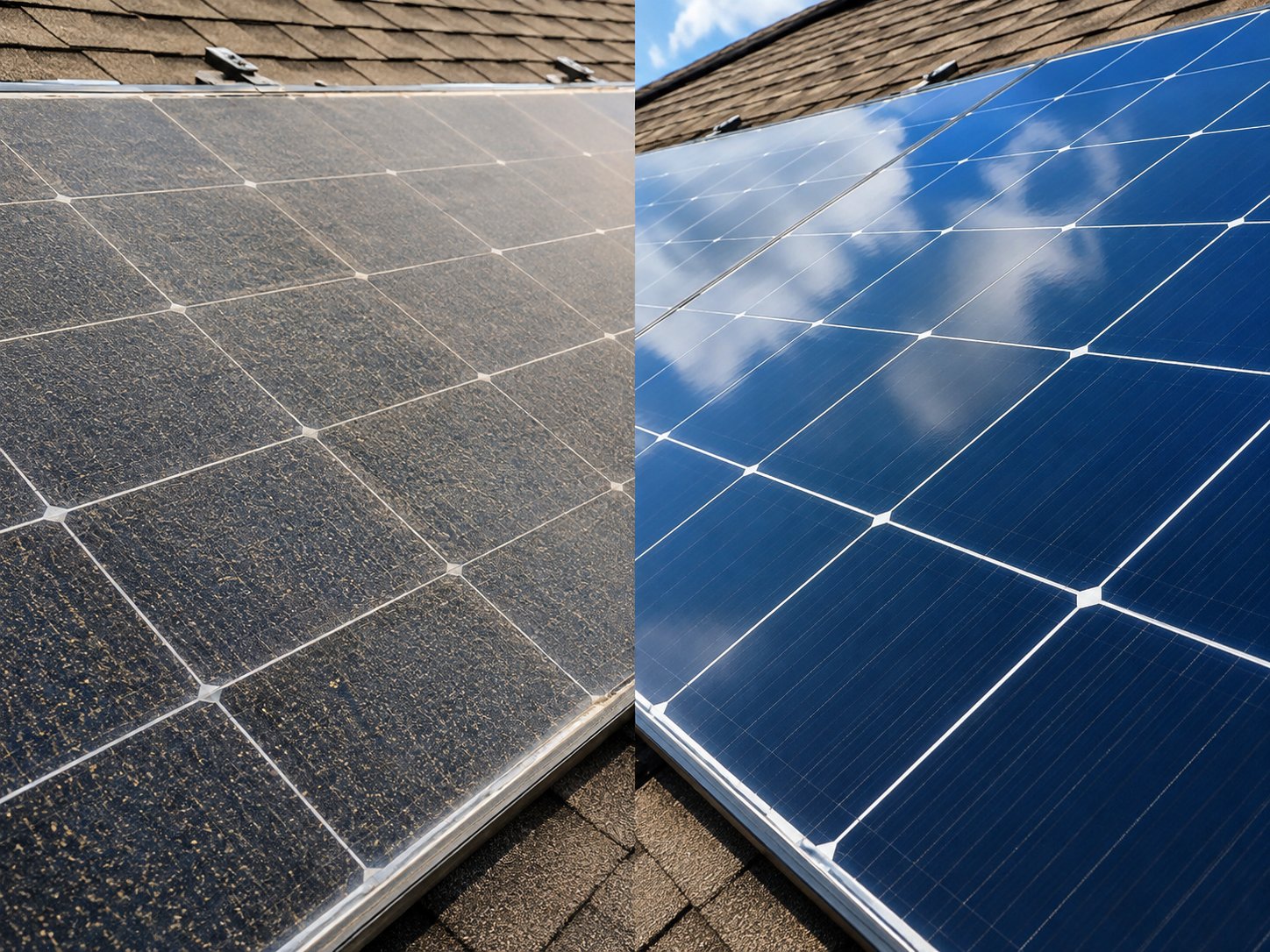 Dusty solar panel next to a freshly cleaned solar panel